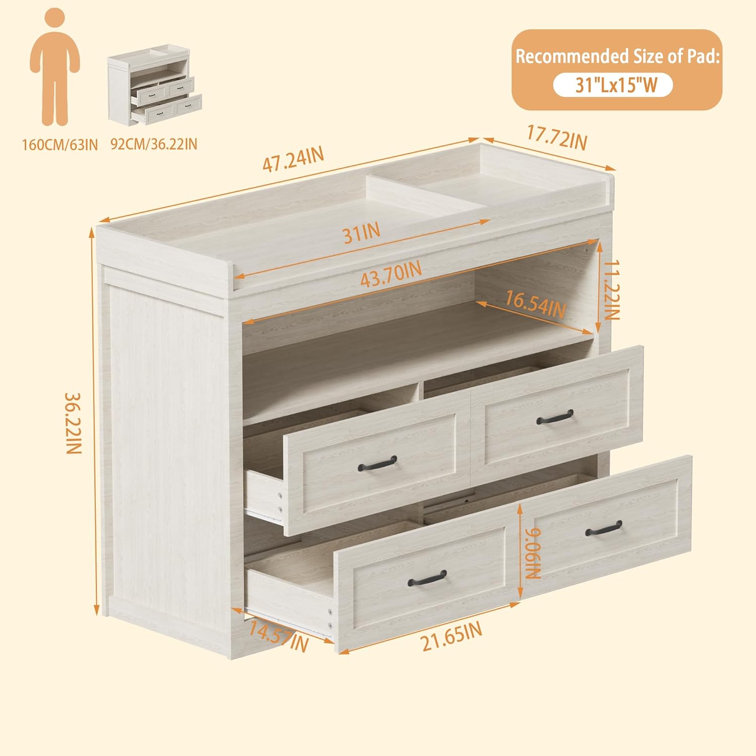 Nursery Dresser Changing Table 4 Drawers Dressers with Changing Table Top Baby Dresser Chest with Open Storage Changing Station with LED Light Diaper Changing Station Nursery Organizer,Beige