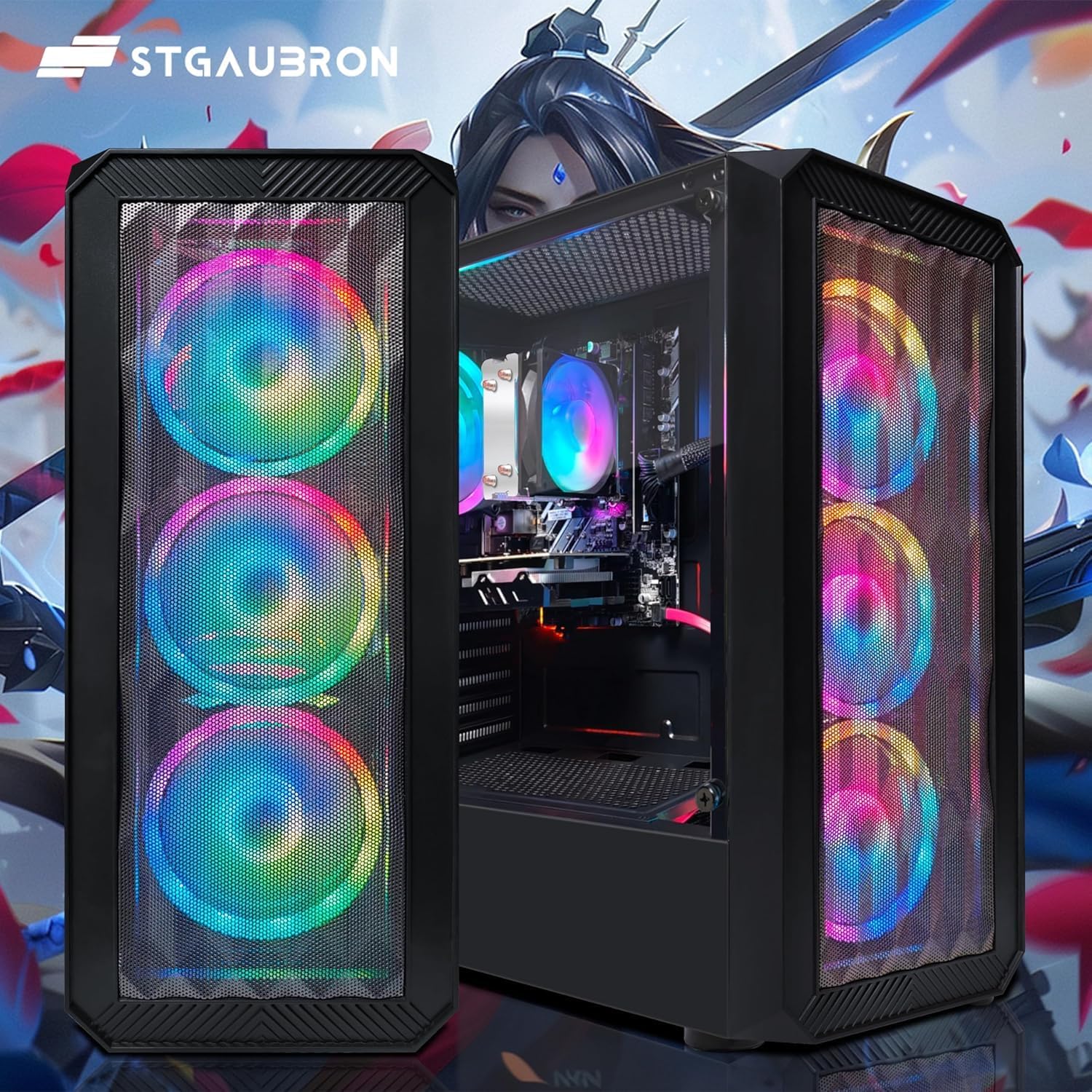 STGAubron Gaming PC Computer Desktop, AMD Ryzen 3 3200G 3.6G, Radeon RX 590 8G, 16G DDR4, 512G SSD, WiFi 6, BT 5.0, RGB Fan x4, Windows 11 Home