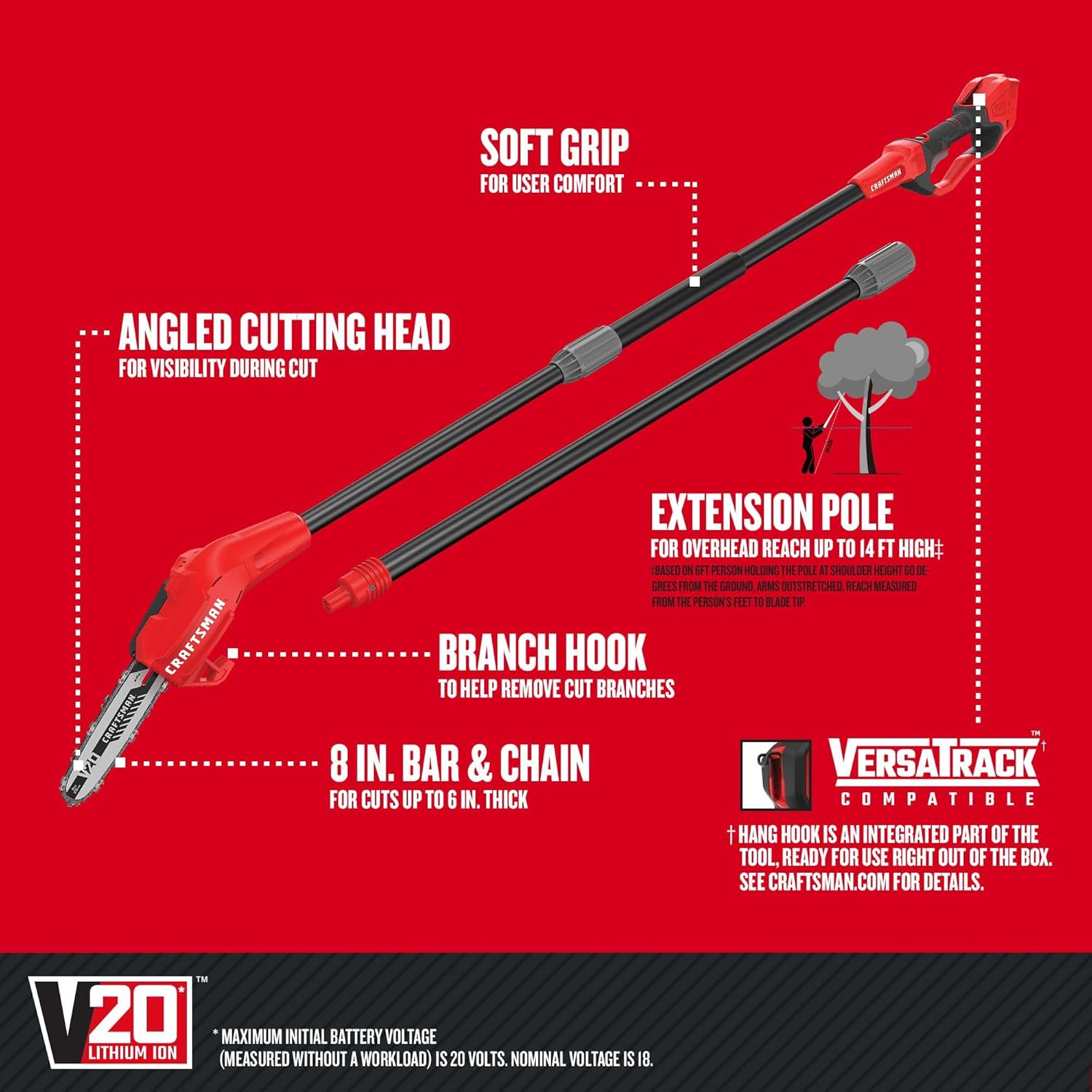 CRAFTSMAN Pole Saw, Pole Saws for Tree Trimming, Cordless V20 Tool-Only Tree Trimmer, Up to 14 Ft Extended Reach (CMCCSP20B)