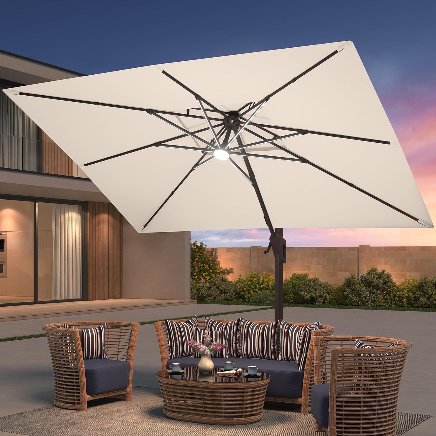 9x12 FT Patio Umbrella with Weighted Base and LED Lights Cantilever Outdoor Large Heavy Duty Rectangle Aluminum Offset Umbrellas Double Top 360 Rotation for Pool Deck Garden, Beige