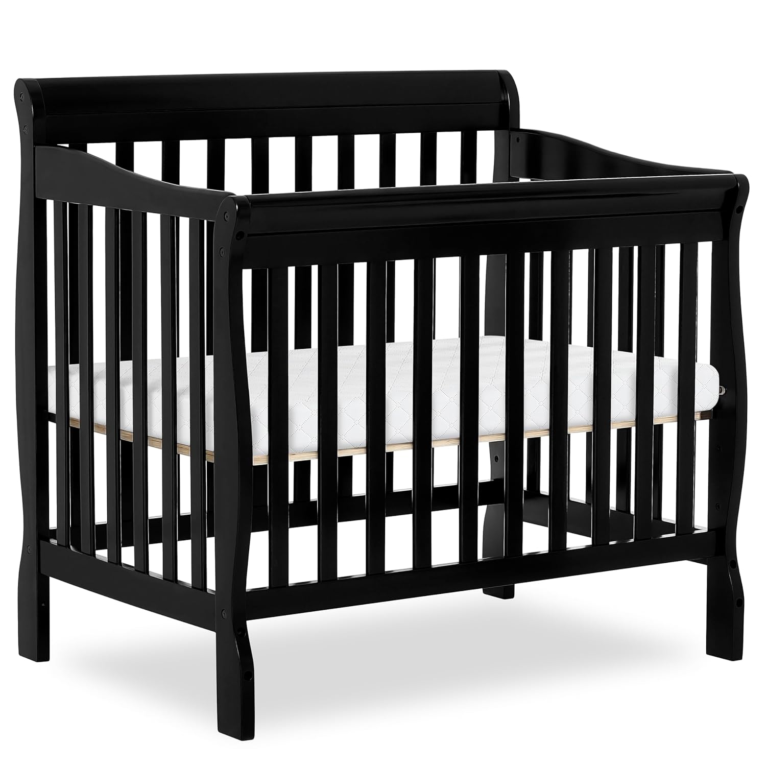 Dream On Me Aden 4-in-1 Convertible Mini Baby Crib, GREENGUARD Gold & BSA Certified, Sustainable Pinewood, Non-Toxic Finish, 3 Mattress Heights, Converts to Mini Day & Twin-Size Bed - Black
