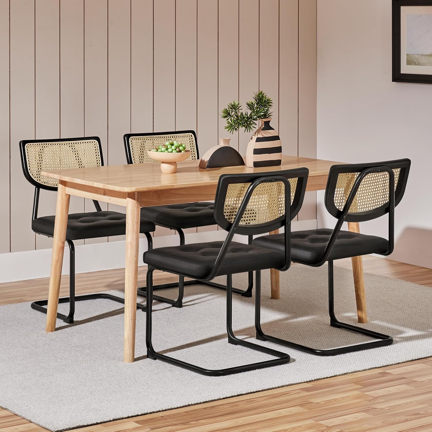 Yaheetech Rattan Dining Chairs Set of 4 Mid Century Modern Dining Room Chairs with Chrome Legs and Rattan Back for Home Kitchen, Faux Leather, Black