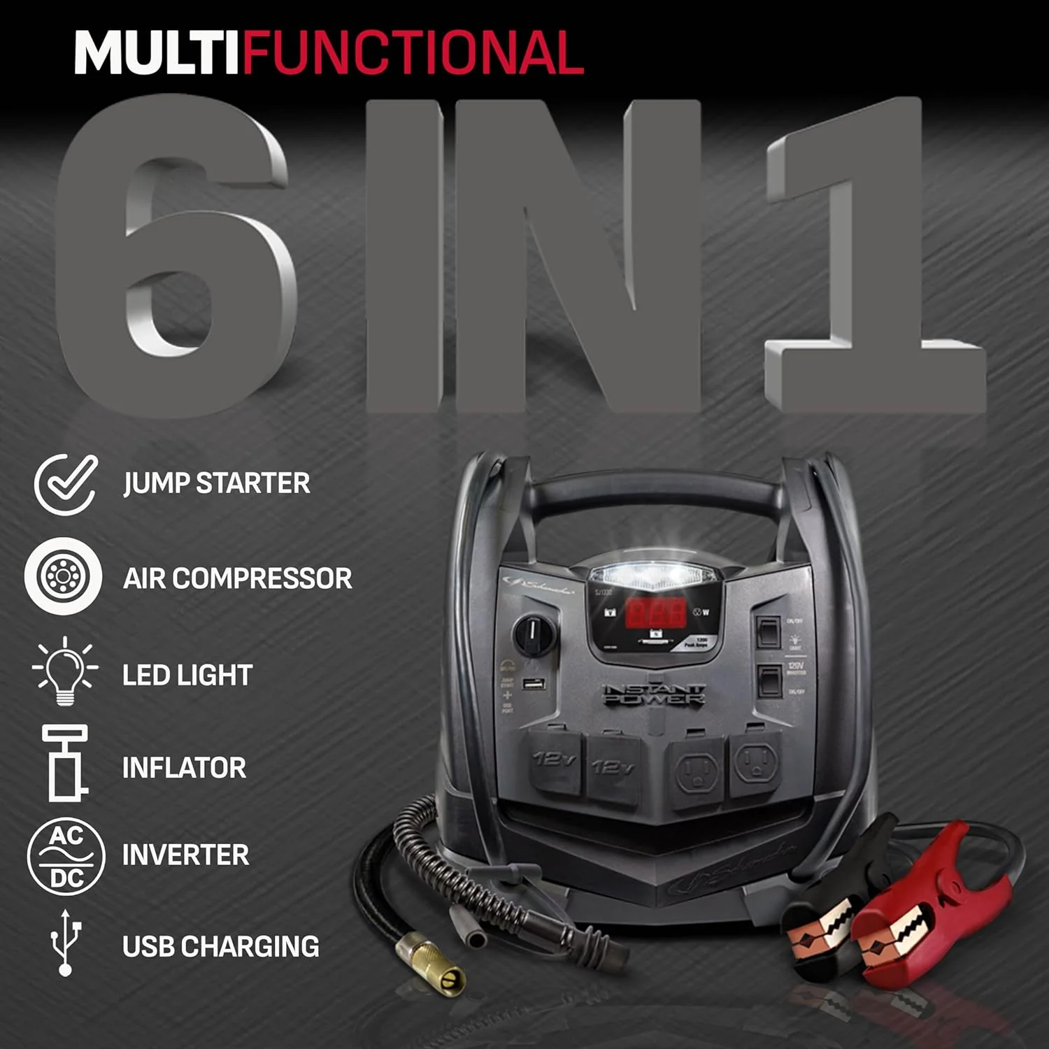 SJ1332 6-in-1 Portable Power Station and Jump Starter with 150-PSI Air Compressor and 200 Continuous/400 Peak Watt Power Inverter, 1200 Peak Amps, 12 Volts, Black, 1 unit