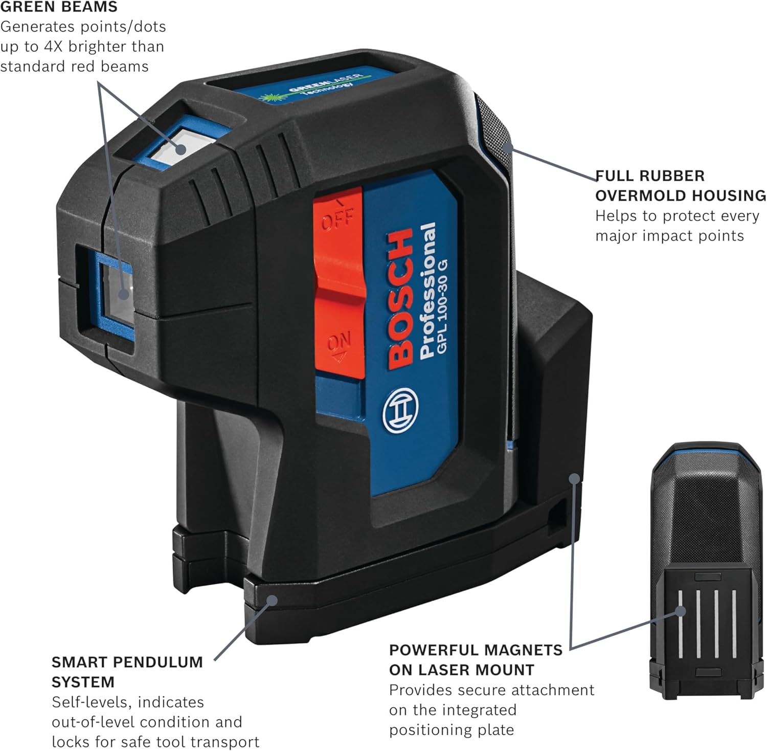 BOSCH GPL100-30G Green-Beam Self-Leveling Alignment Laser, Includes 2 AA Batteries, Built-In Multipurpose Mount, & Hard Carrying Case