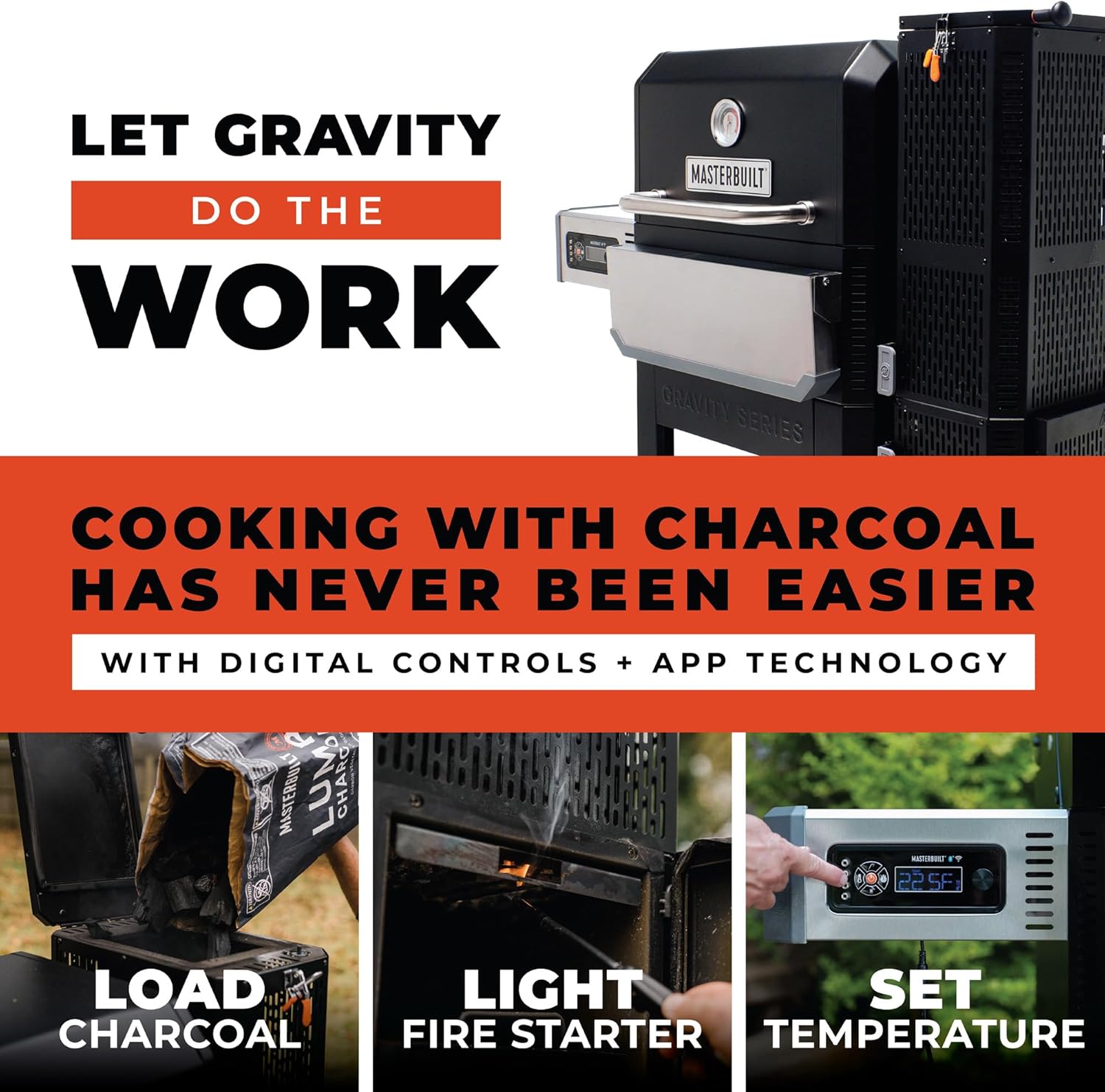 Masterbuilt® Gravity Series® 800 Smoker Grill - Charcoal Grill plus Griddle Insert, Digital Control, App Connectivity, 800 Cooking Square Inches in Black, Model MB20040221