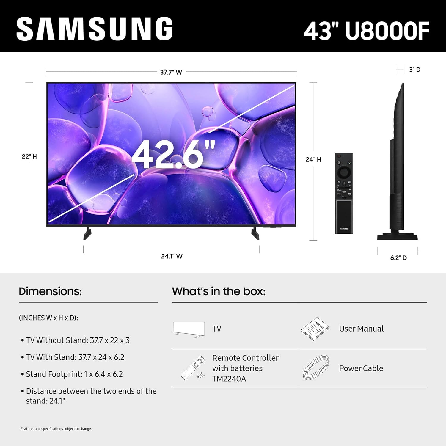 Samsung 43-Inch Class Crystal UHD U8000F 4K Smart TV (2025 Model) Endless Free Content, Crystal Processor 4K, MetalStream Design, Knox Security, Alexa Built-in
