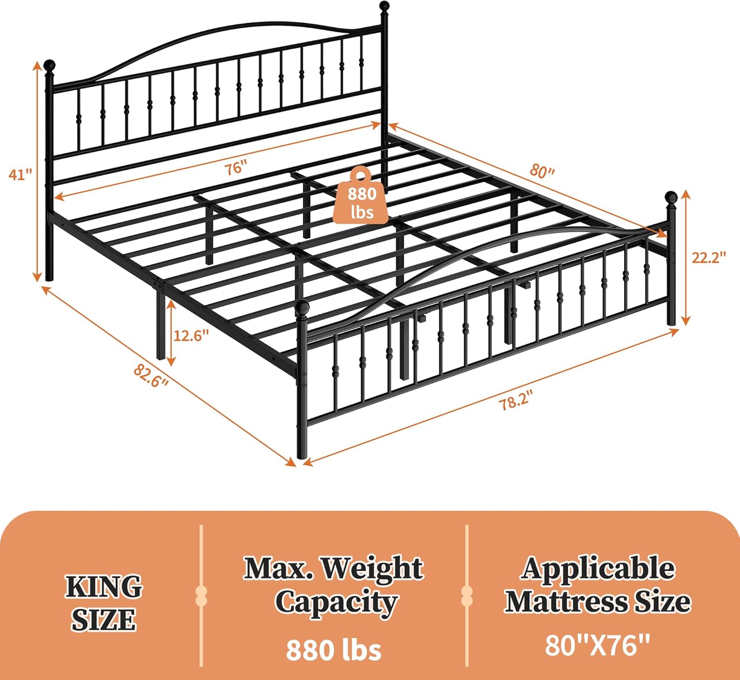 IDEALHOUSE King Size Bed Frame,Classic Metal Platform Bed Frame with Victorian Vintage Headboard/Footboard,Mattress Foundation with Noise Free,Underbed Storage,No Box Spring Needed,Steel Slat Support