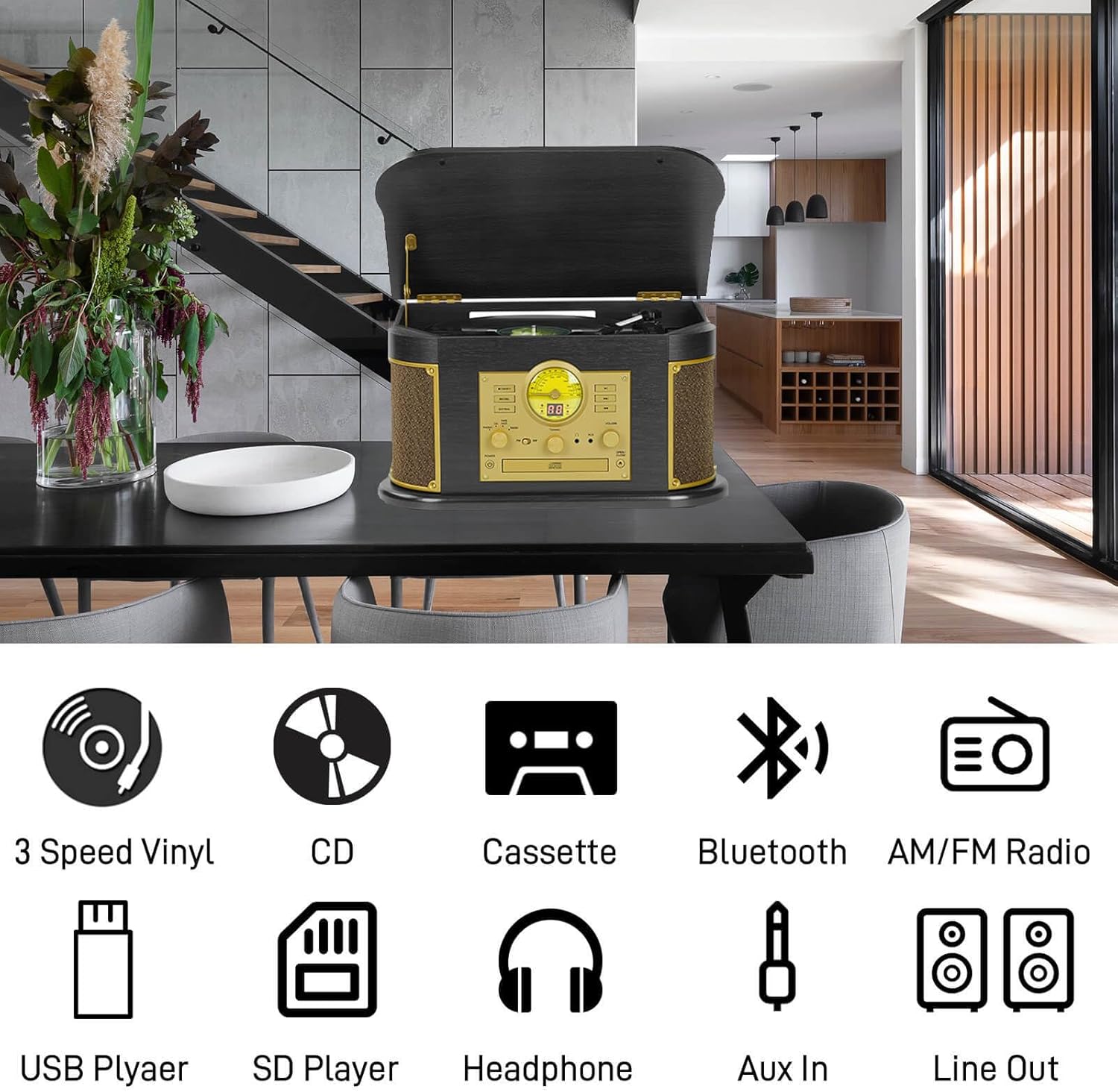 All-in-One Vinyl Record Player with Bluetooth, CD, Cassette Tape, AM/FM Radio, USB/SD Recorder, 3 Speed Vintage Turntable with Built-in Speakers, Aux-in, RCA Line-Out