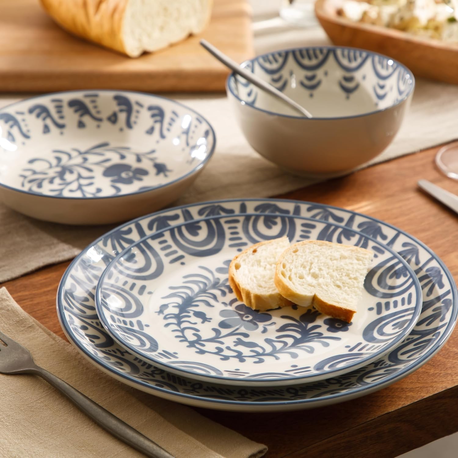 Bloomhouse - 2-Time Oprah's Favorite Things - Valencia Flor 16 Piece Dinnerware Set, Artisanal Decorated Stoneware Plates & Bowls, Service for 4, Microwave & Dishwasher Safe, Iris Blue