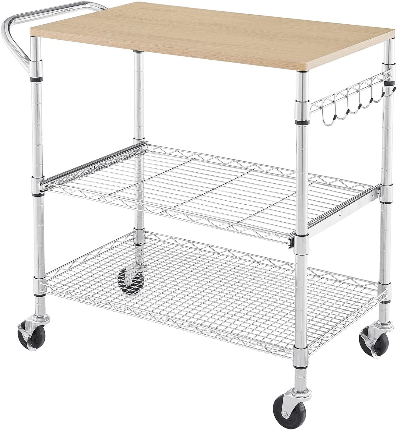 3 Tier Rolling Kitchen Cart with Wood Tabletop, Kitchen Island Carts with Wheels & Slider Shelf, Microwave Cart on Wheels, Coffee Cart with Hooks, 35.4