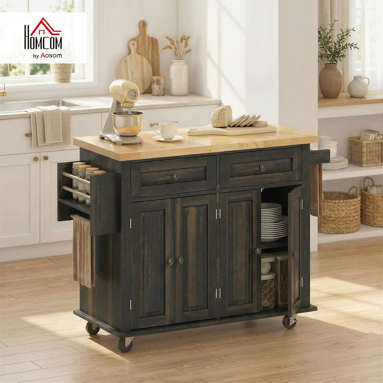 HOMCOM Kitchen Island Cart with Solid Wood Top, 44