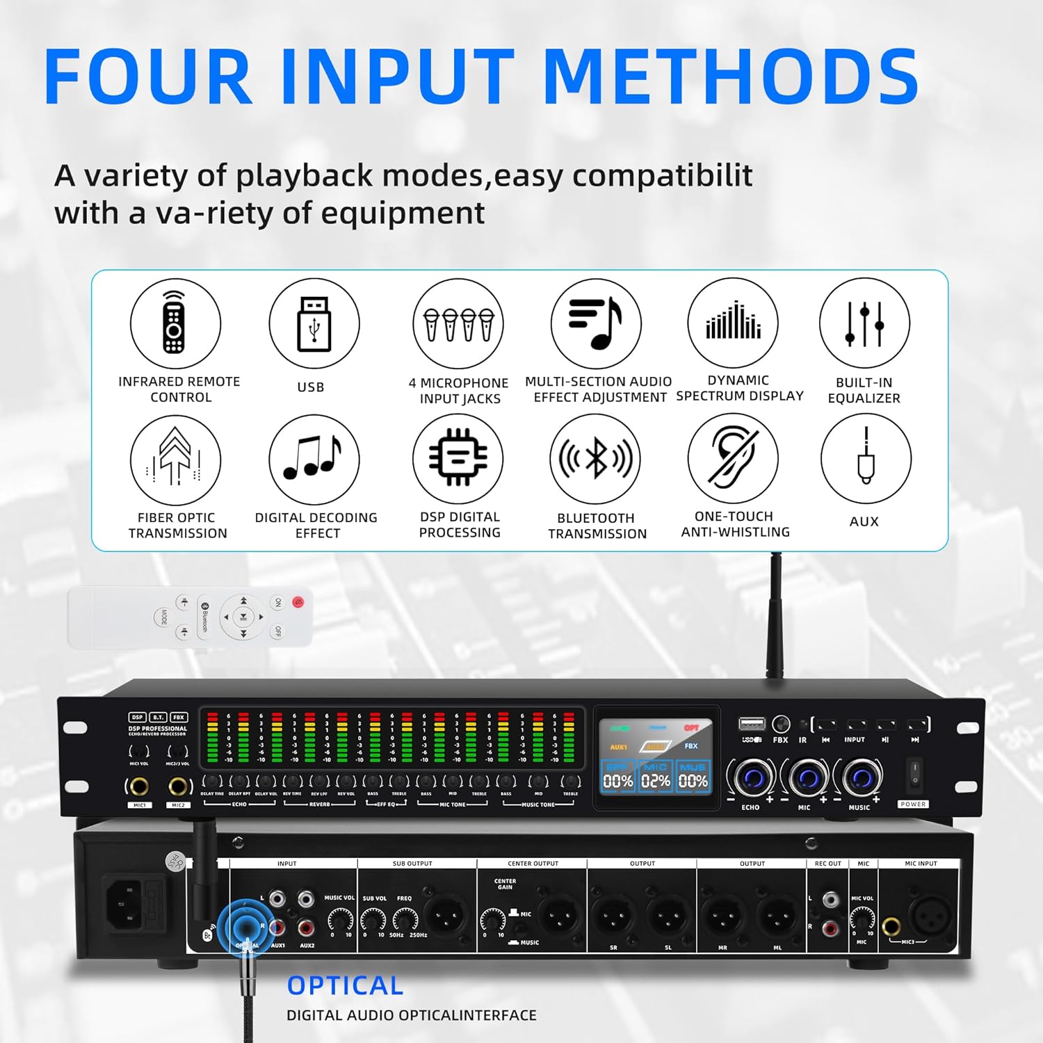 K-6 Professional KTV Digital pre-stage Effector Anti-howling Audio Processor Karaoke Mixer Reverberator with DSp effect echo USB MP3 Bluetooth optical.4 microphone input With remote control