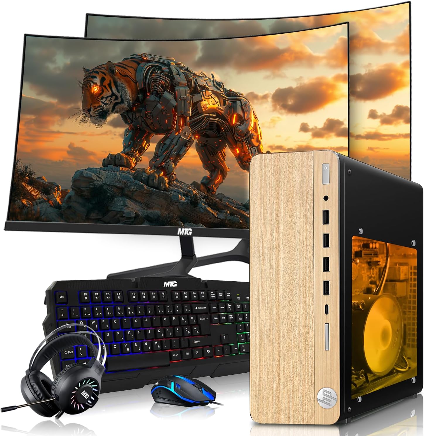 HP Full Light Gaming PC Desktop Computer – AMD Pro A10-9700,RX 550 Graphics,16GB RAM,512GB SSD,Dual 27 Inch Curved Monitor,RGB Keyboard with AI Copilot,Mouse,WiFi,RGB Headphone,Windows 11(Renewed)