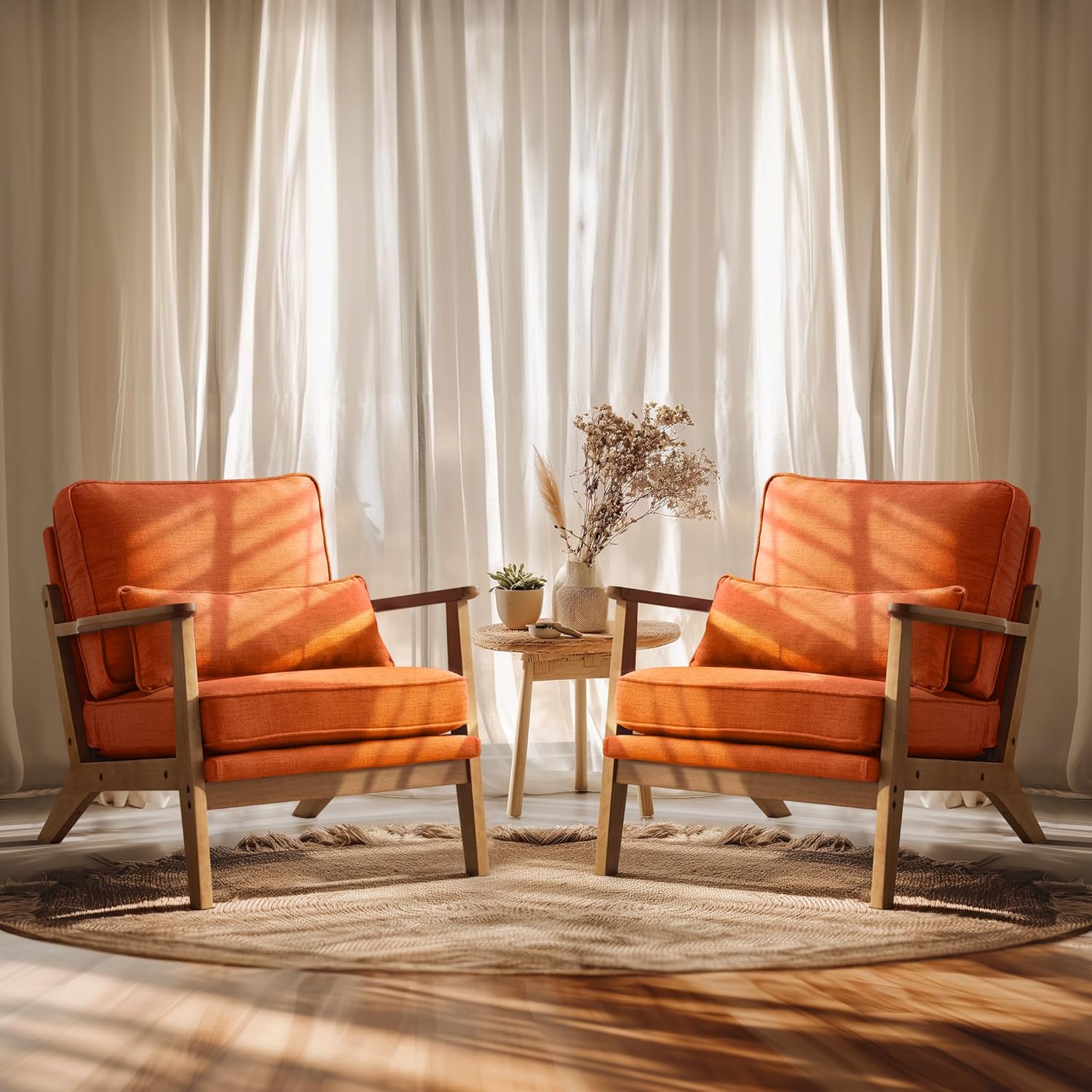 Vingli Solid Wood Wide Armrests Accent Chair Set of 2,Upholstered Mid Century Modern Chair with Pillow,Farmhouse Arm Chair Comfy Reading Chair,Chairs Living Room,Bedroom,Guest Room,Linen Fabric,Orange
