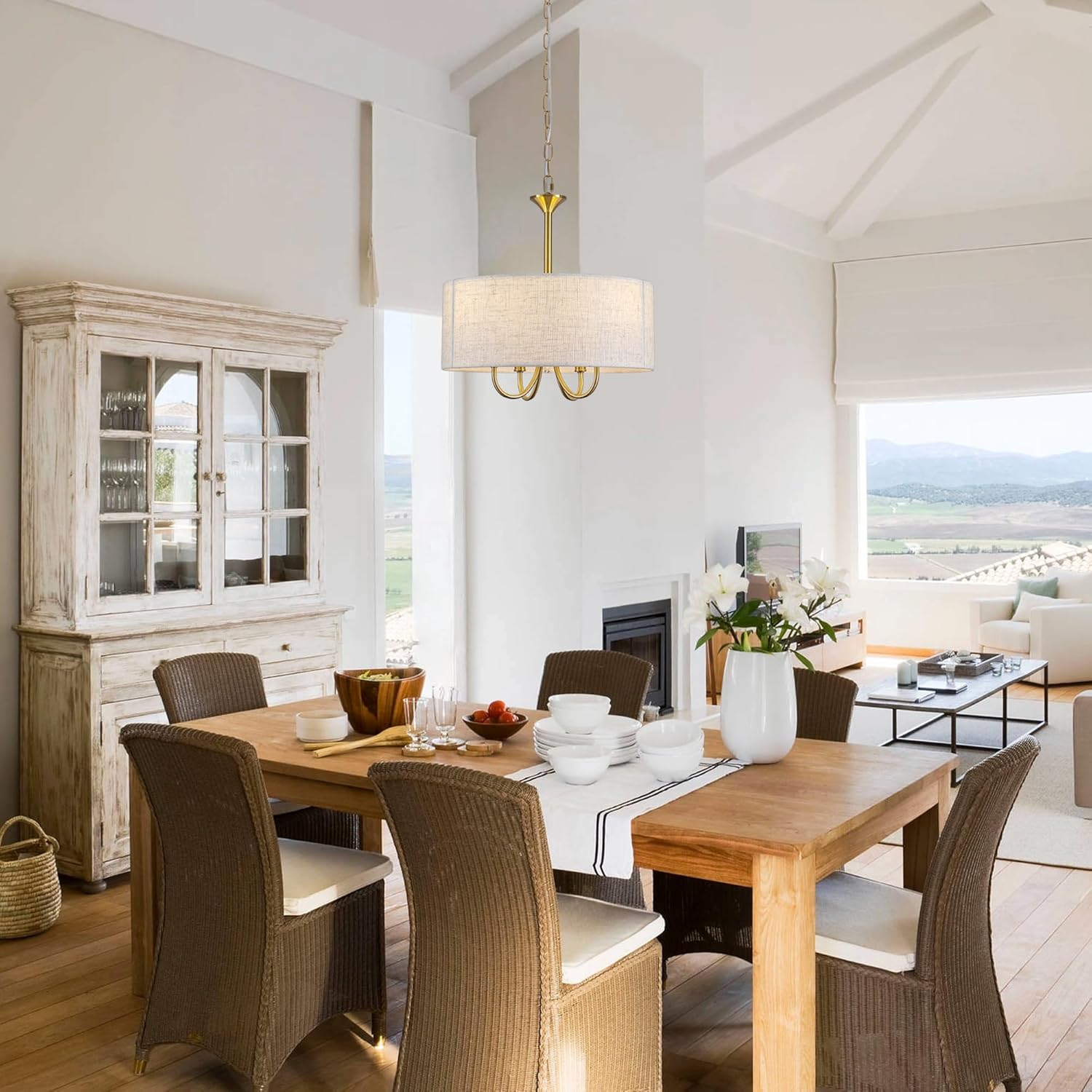 Drum Chandelier for Dining Room, 4-Light Modern Farmhouse Gold Chandelier with Linen Drum Shade, 16