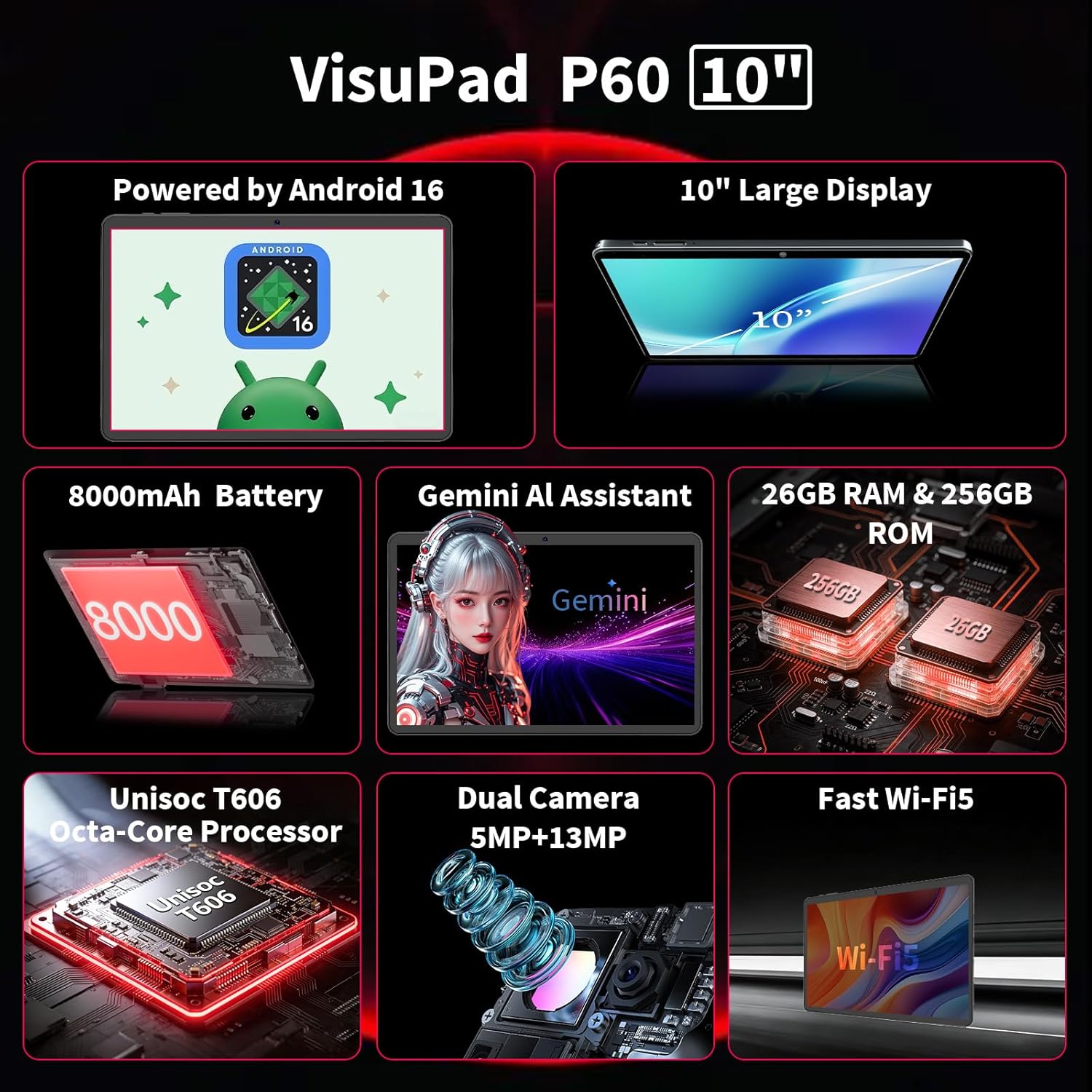 Android tablet, 2026 10 inch Android 16 tablet with keyboard, 26GB+256GB+2TB Expand, AI Tablet with Gemini, 8-Core, 8000mAh, 5G WiFi, GPS, GMS, Electronics Tablets with Case/Mouse/Stylus(Green Case)