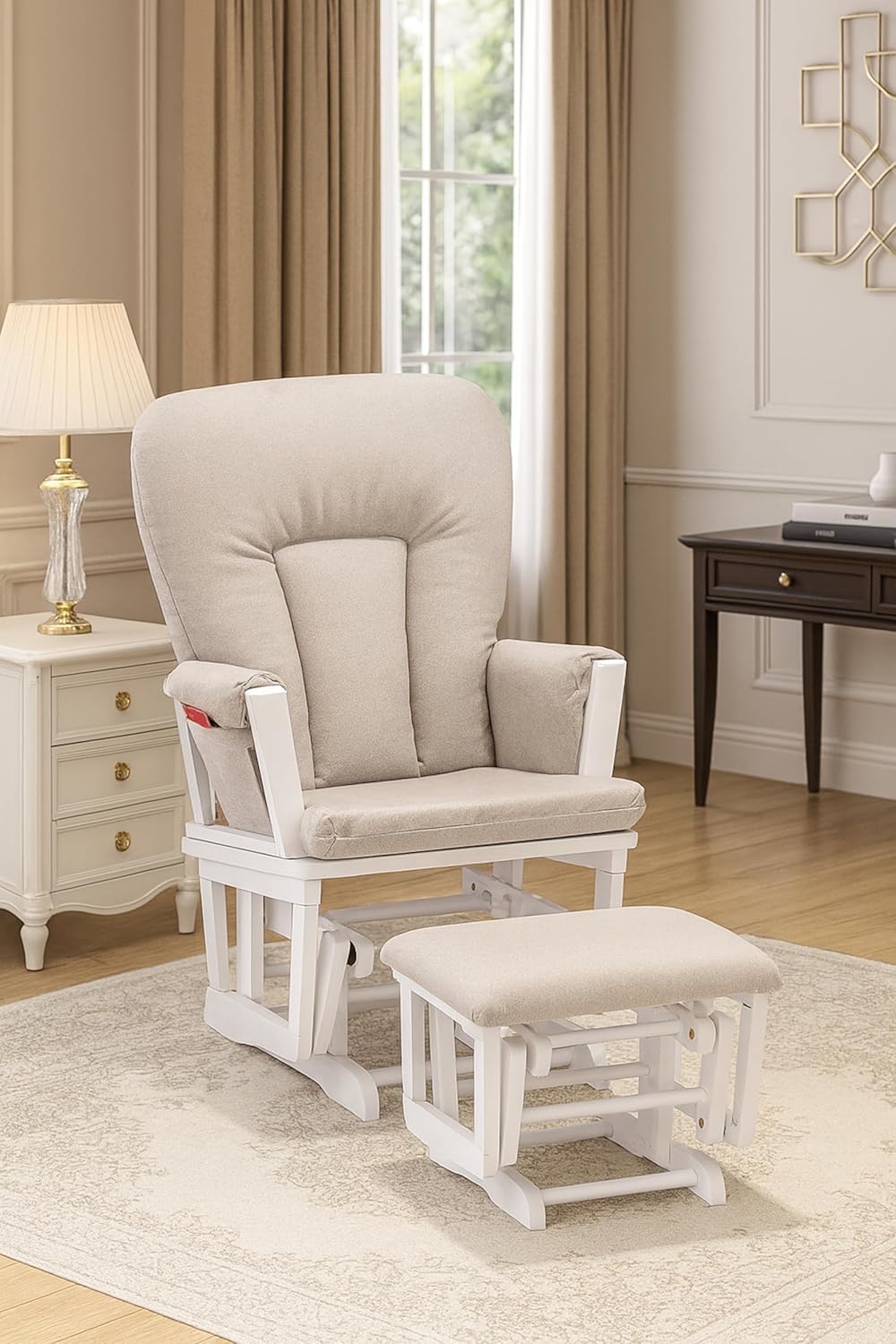 Suite Bebe Contempo Wooden Glider & Ottoman White Wood and Latte Fabric