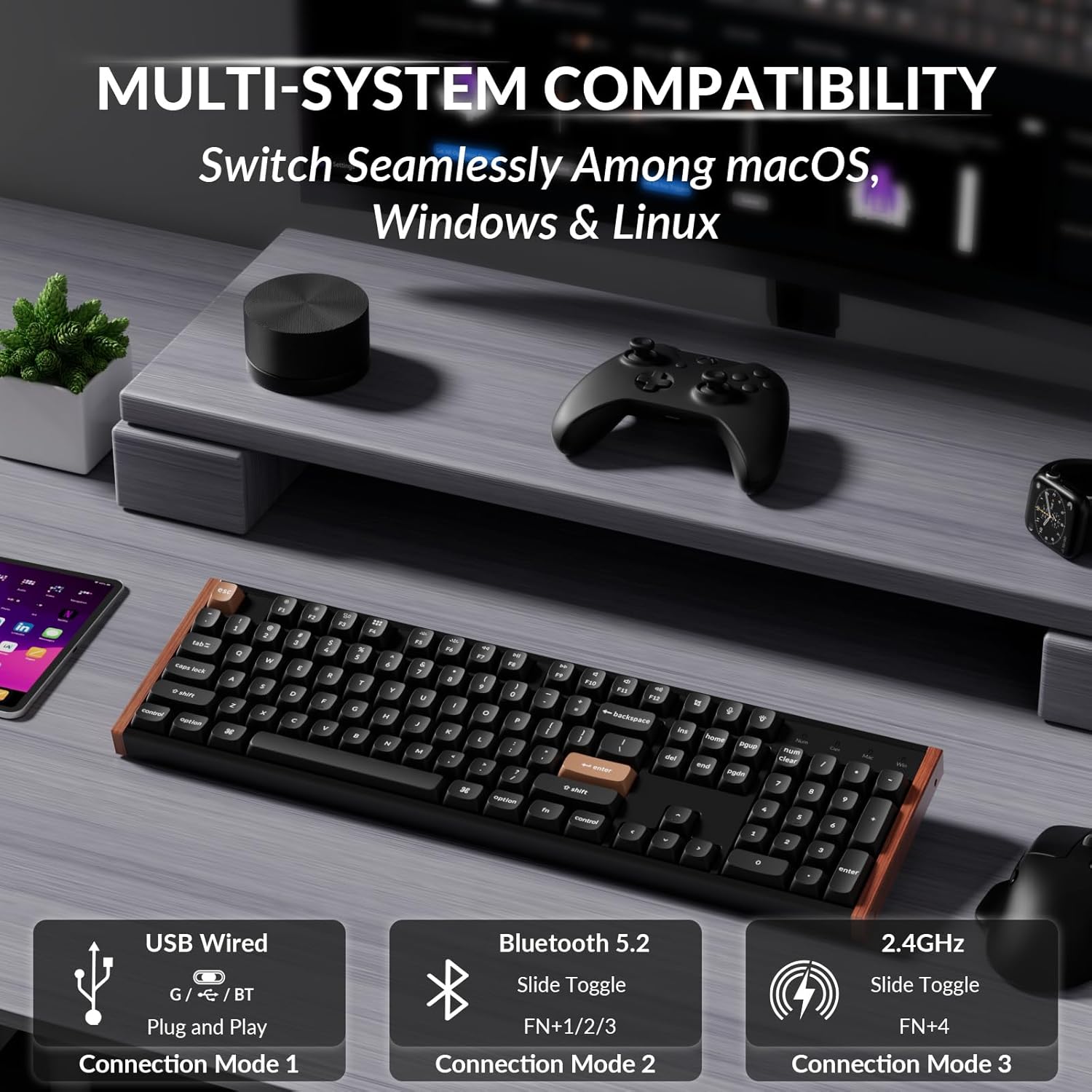 Keychron K10 HE Hall Effect Keyboard, Gateron Double-Rail Magnetic Nebula Switch, Full-Size Tri-Mode Wireless Keyboard with Rapid Trigger, Adjustable Actuation, RGB, Aluminum + Wood Frame