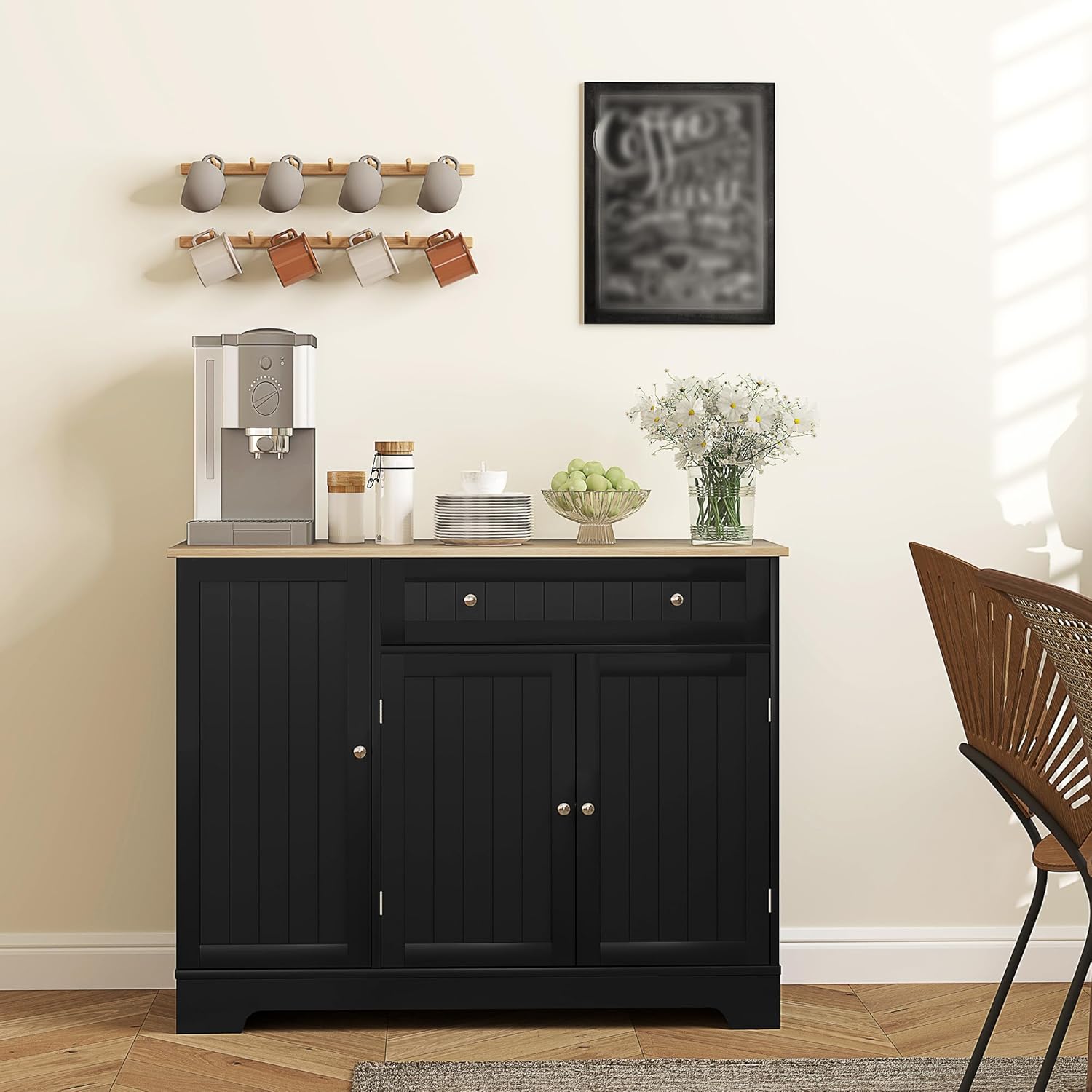 HOMCOM Modern Coffee Bar Cabinet with Storage, Sideboard Buffet Cabinet with Drawer, Adjustable Shelves, Small Kitchen Pantry with Door Shelves, Black