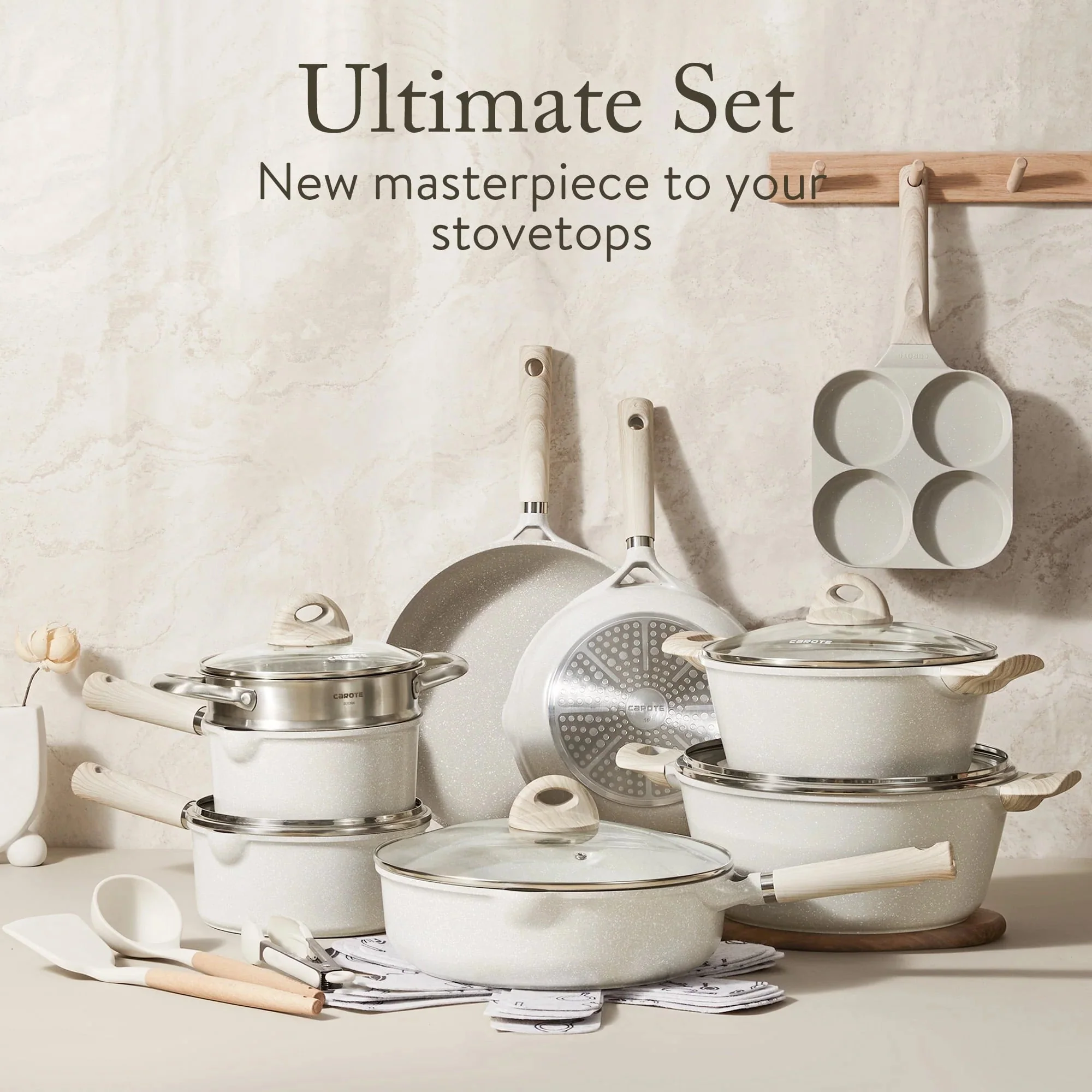 Carote 21-Piece Nonstick Cookware Set, Eco-Friendly Granite, Induction Compatible, Beige