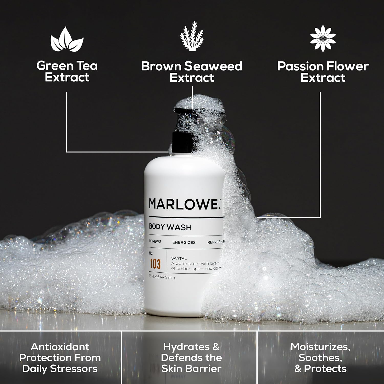 MARLOWE. Men's Body Wash, 15oz Pump, Energizing & Refreshing Shower Gel, Moisturizes, Nourishes, Clean Vegan Formula with Willow Bark & Green Tea Extracts, Warm Amber, Sandalwood & Citron Santal Scent