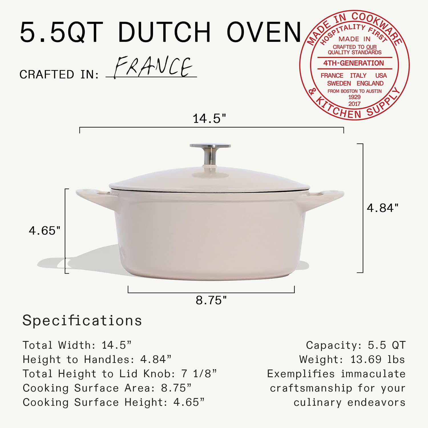 Made In Cookware | Dutch Oven 5.5 Quart (Linen) | Enameled Cast Iron | Exceptional Heat Retention & Durability | Professional Cookware | Crafted in France | Induction Compatible