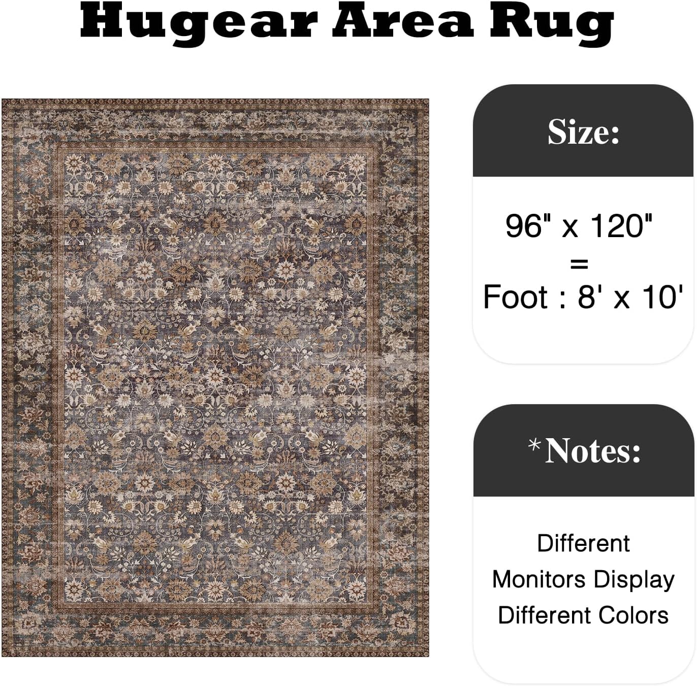HUGEAR 8x10 Machine Washable Rugs Tradition Brown Hallway Large Area Rug Indoor Accent Rug Floral Low Pile Carpet Soft Throw Aesthetic Rug Bedroom Living Room Office Dining Room Kitchen Laundry Room