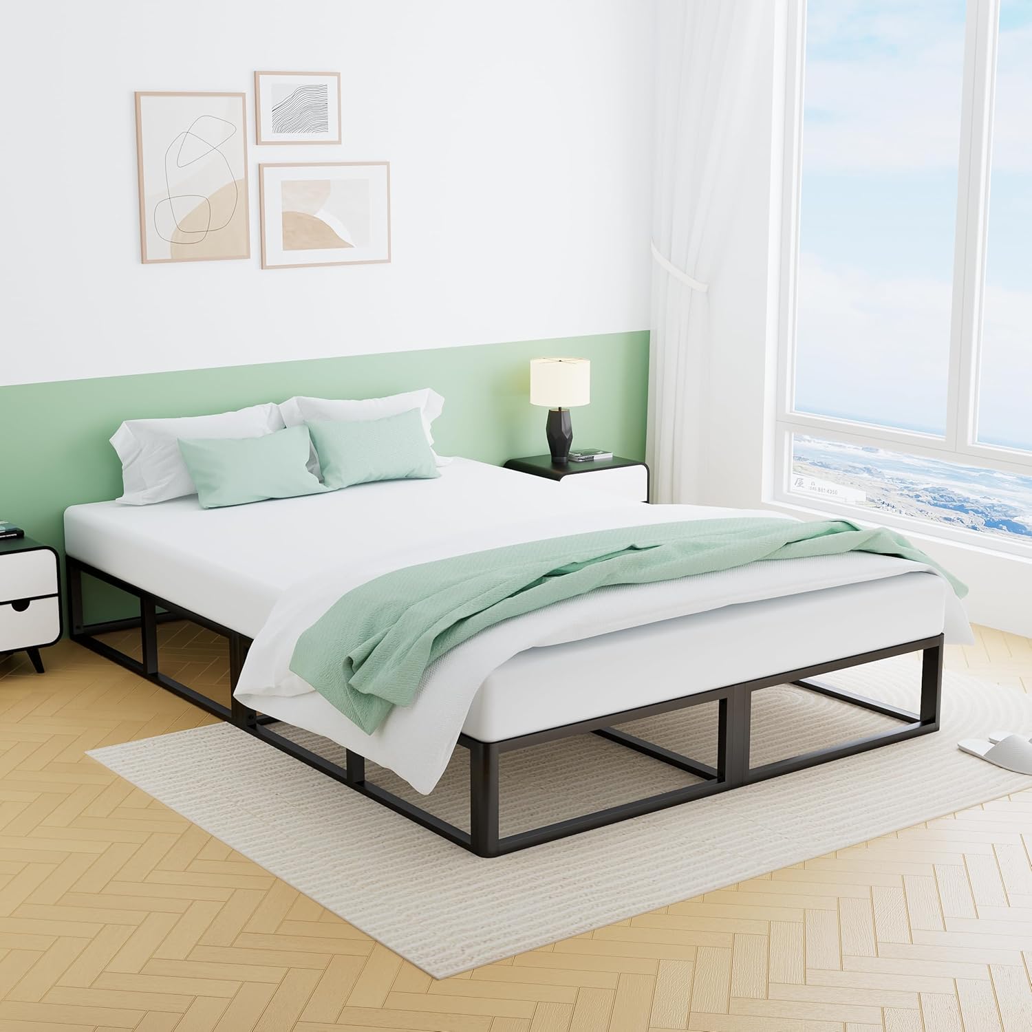 VIPSHOW 10 Inch Queen Metal Bed Frame Round Corner Low Platform Bed Frames 3000 LBS Heavy Duty Steel Slats Support Mattress Foundation No Box Spring Needed, Noise Free, Easy Assembly, Black