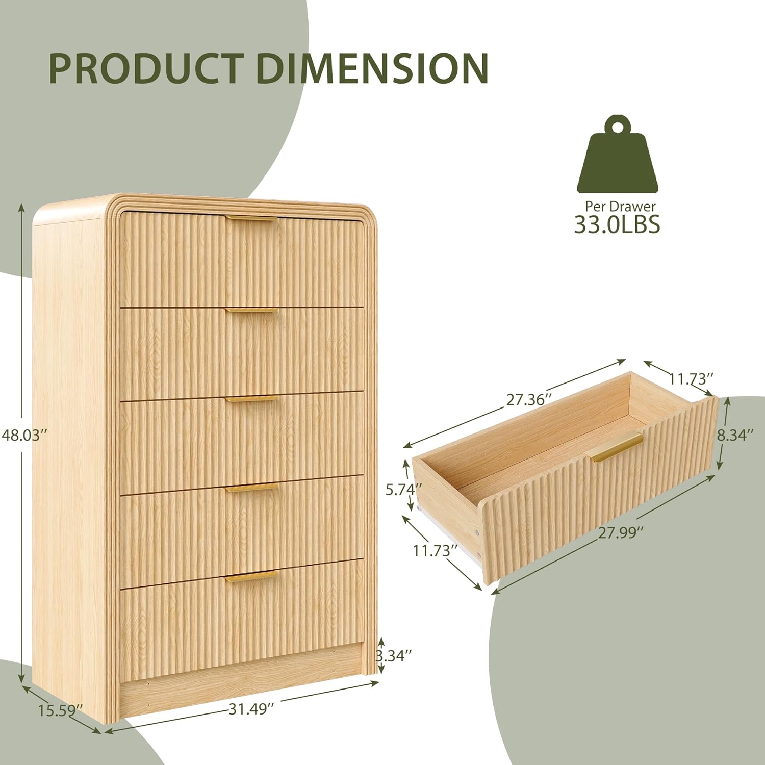 Decofy Fluted 5 Drawers Dresser, 48