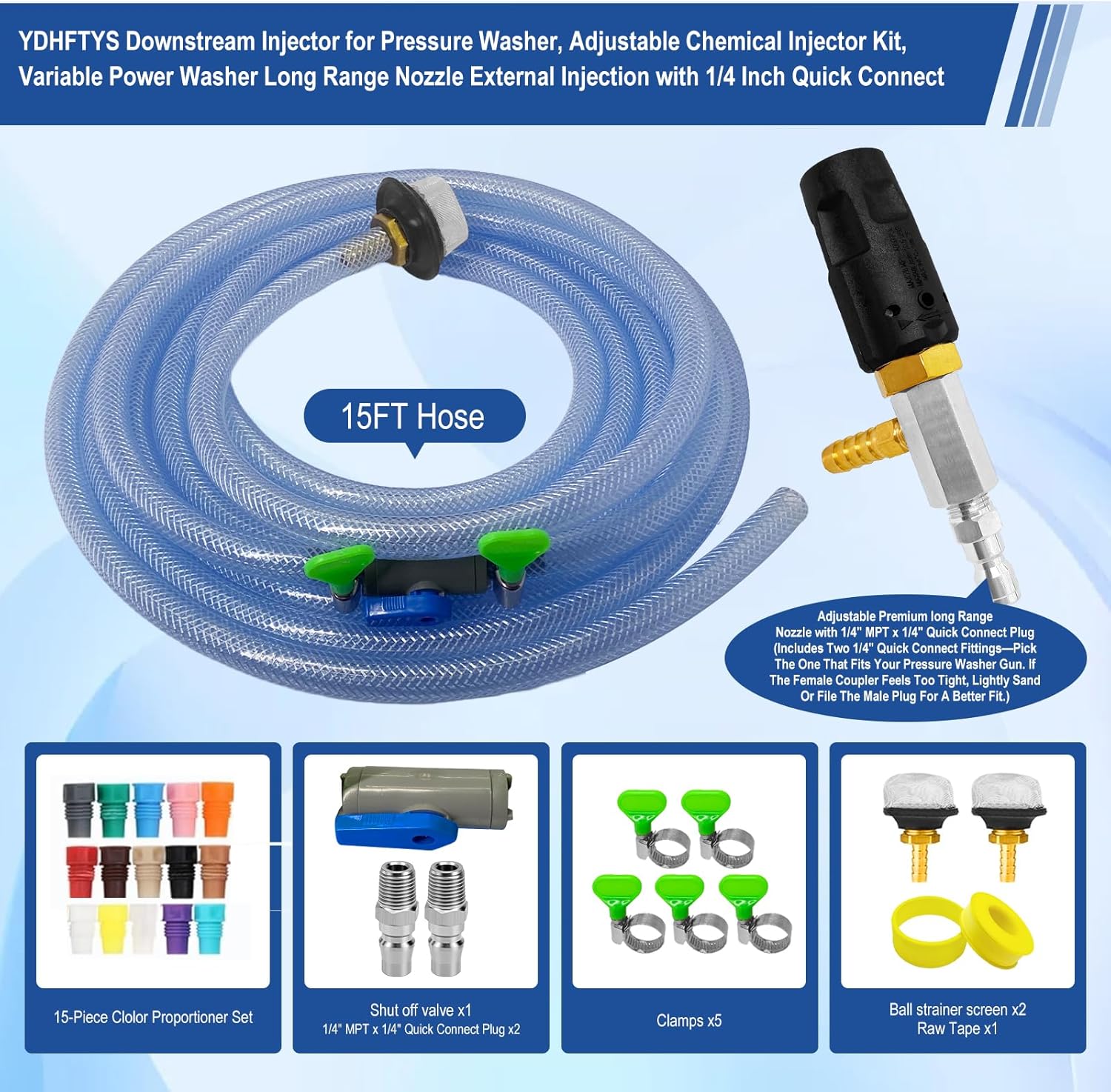 Adjustable Long Range Nozzle for Pressure Washer, Downstream Injection Spray Nozzle Kit 4–4.5 GPM, External Chemical Injector w/1/4