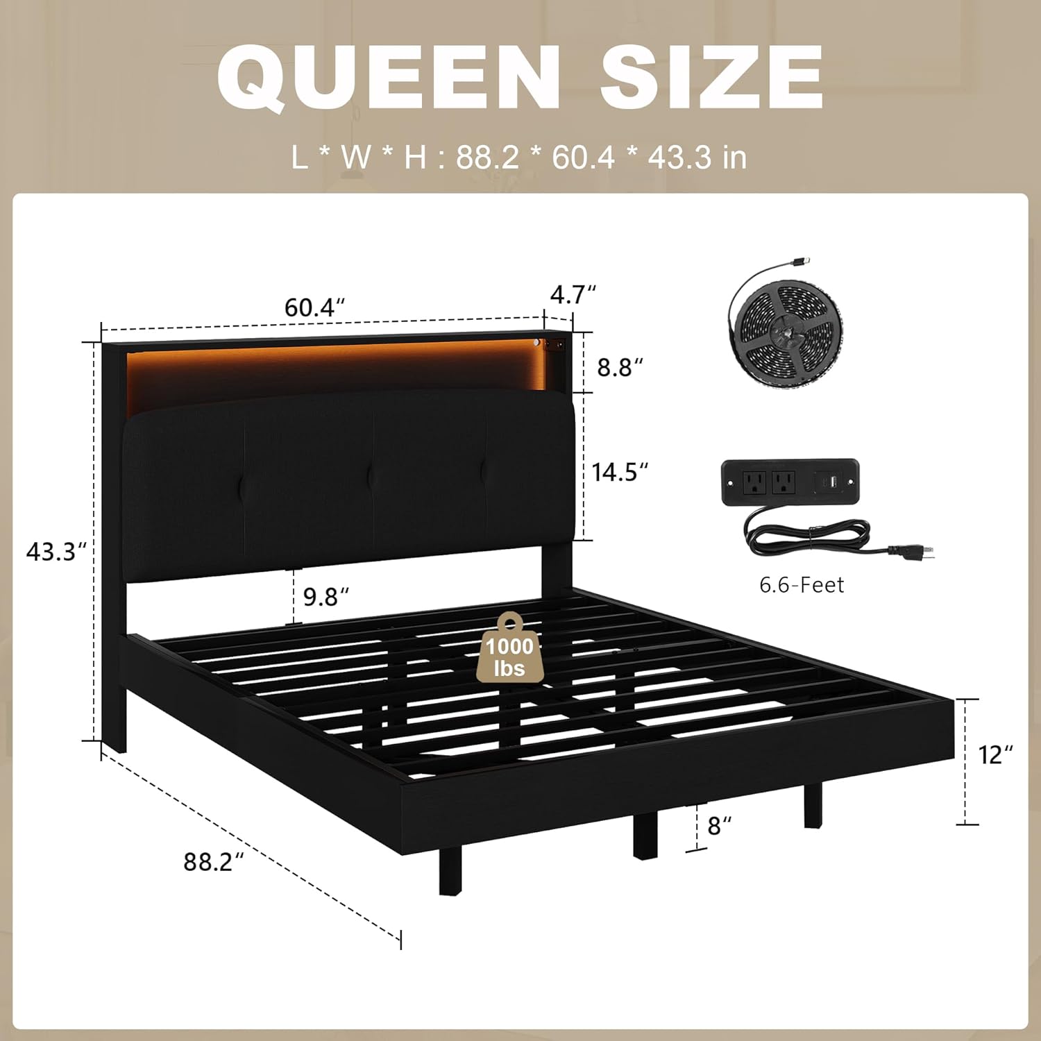 Feonase Floating Bed Frame Queen with Charging Station & Led Light, Wooden Queen Platform Bed Frame w/Upholstered Storage Headboard, Heavy Slats Support, Noise Free, No Box Spring Needed, Black