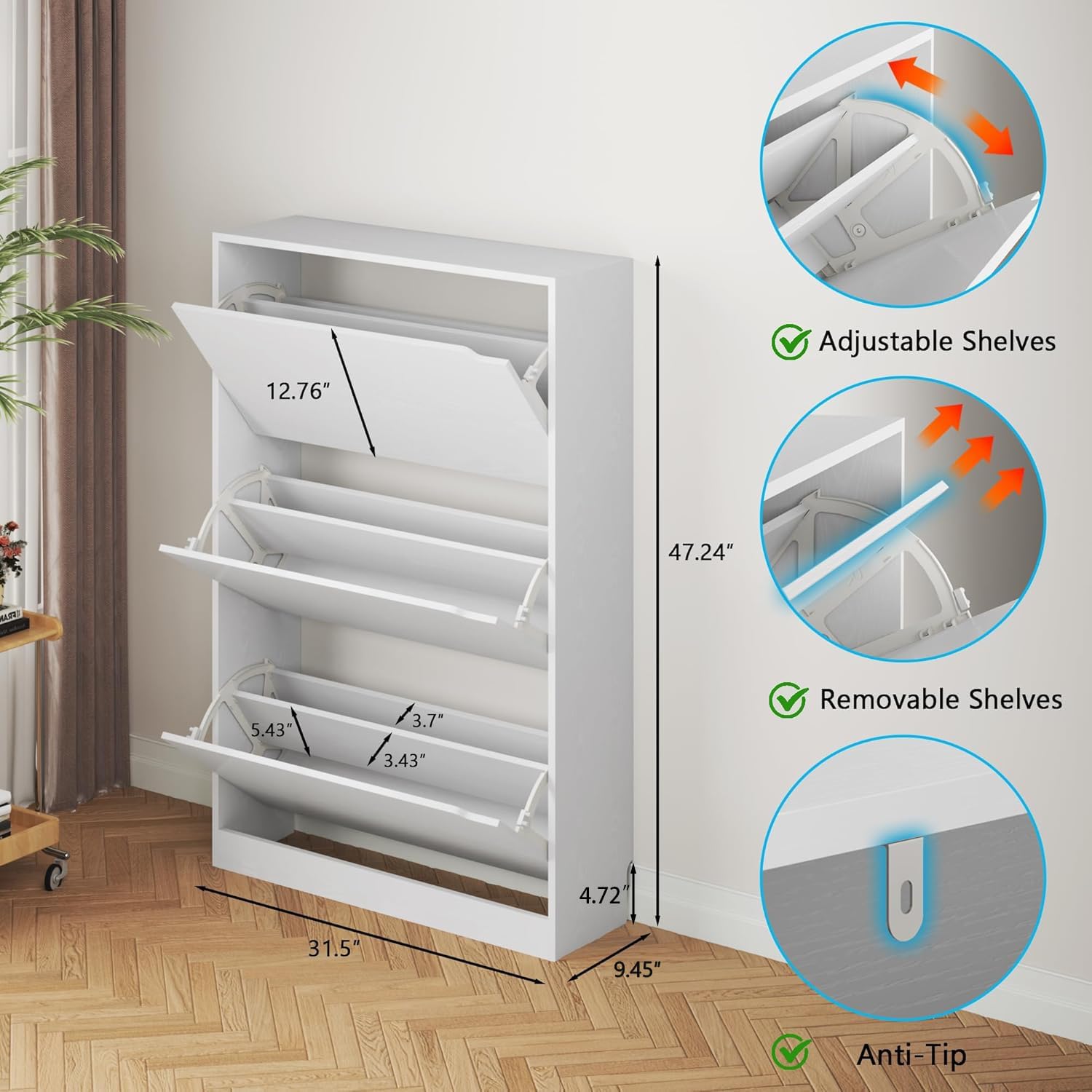 BORNOON Shoe Cabinet with 3 Flip Drawers, Hidden Wood Shoe Cabinet,Freestanding Shoe Storage Cabinet for Entryway Hallway.White. 47.2