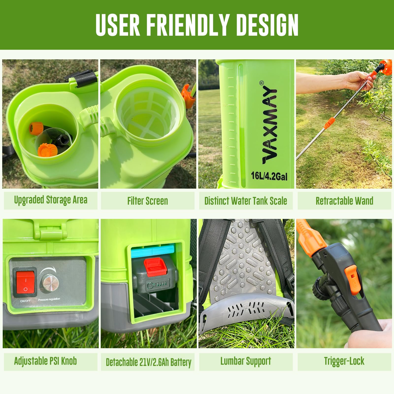 VAXMAY Battery Powered 4 Gallon Backpack Sprayer, 100 PSI