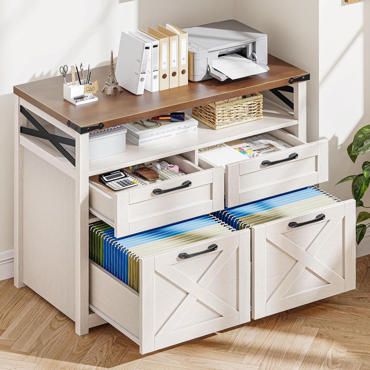 Farmhouse 4 Drawer File Cabinet with Open Storage Shelf, Lateral Filing Cabinet Fits Letter/A4/ Size, Home Office Filing Organizer, Document Storage Printer Stand for Office and Home. Uunique White