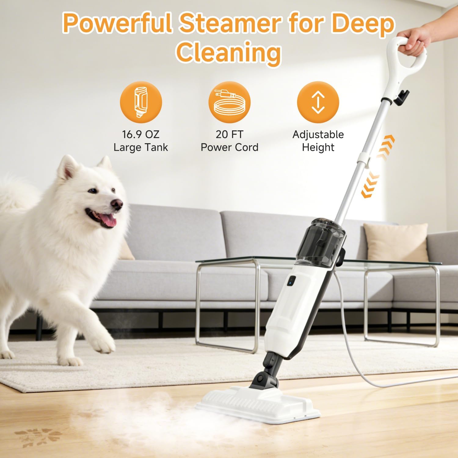 Multi-purpose steam mop main unit full view in white

260°F high-temperature steam in 15 seconds fast heating demonstration

Steam mop cleaning hardwood floor in use

Steam mop cleaning tile floor surface

135° swivel and 90° tilt feature for cleaning corners and under furniture

Complete accessory set with 3 handheld tools and 2 washable pads

Pet-friendly steam mop cleaning scene with dog, chemical-free safety
