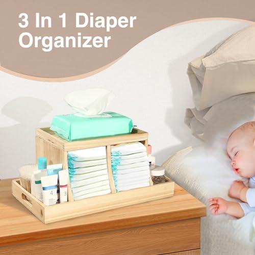 Three colors Diaper Caddy Organizer, Wooden Diaper Organizer, Changing Station Table Organizer, Baby Nursery Organization Diaper Storage Organizer with Removable Dividers (white)