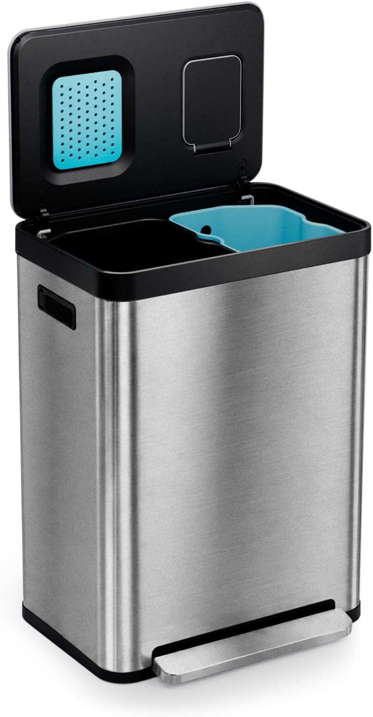 Home Zone Living 19 Gallon Kitchen Trash Can with Dual Compartments for Recycling, CleanAura Odor Control, Stainless Steel, Silver, 70 Liters Total