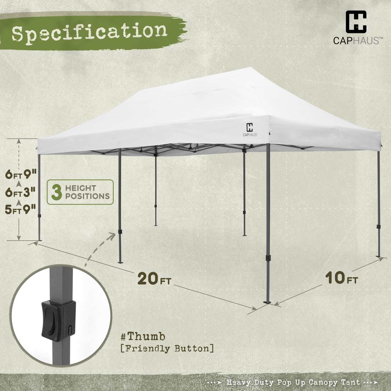 CAPHAUS 10ft x 20ft Commercial Grad Pop Up Outdoor Canopy Easy Up Tent, Heavy-Duty, Instant Folding Shelter with Wheeled Carry Bag and Weight Bags, Portable for Camping, Patio, Parties, White