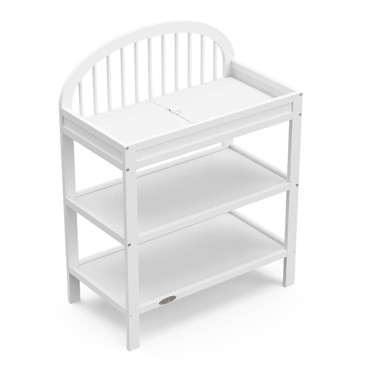 Graco Olivia Changing Table with Water-Resistant Changing Pad (White) - GREENGUARD Gold Certified, Includes Bonus Water-Resistant Changing Pad with Safety Strap, 2 Open Shelves, Stylish Design