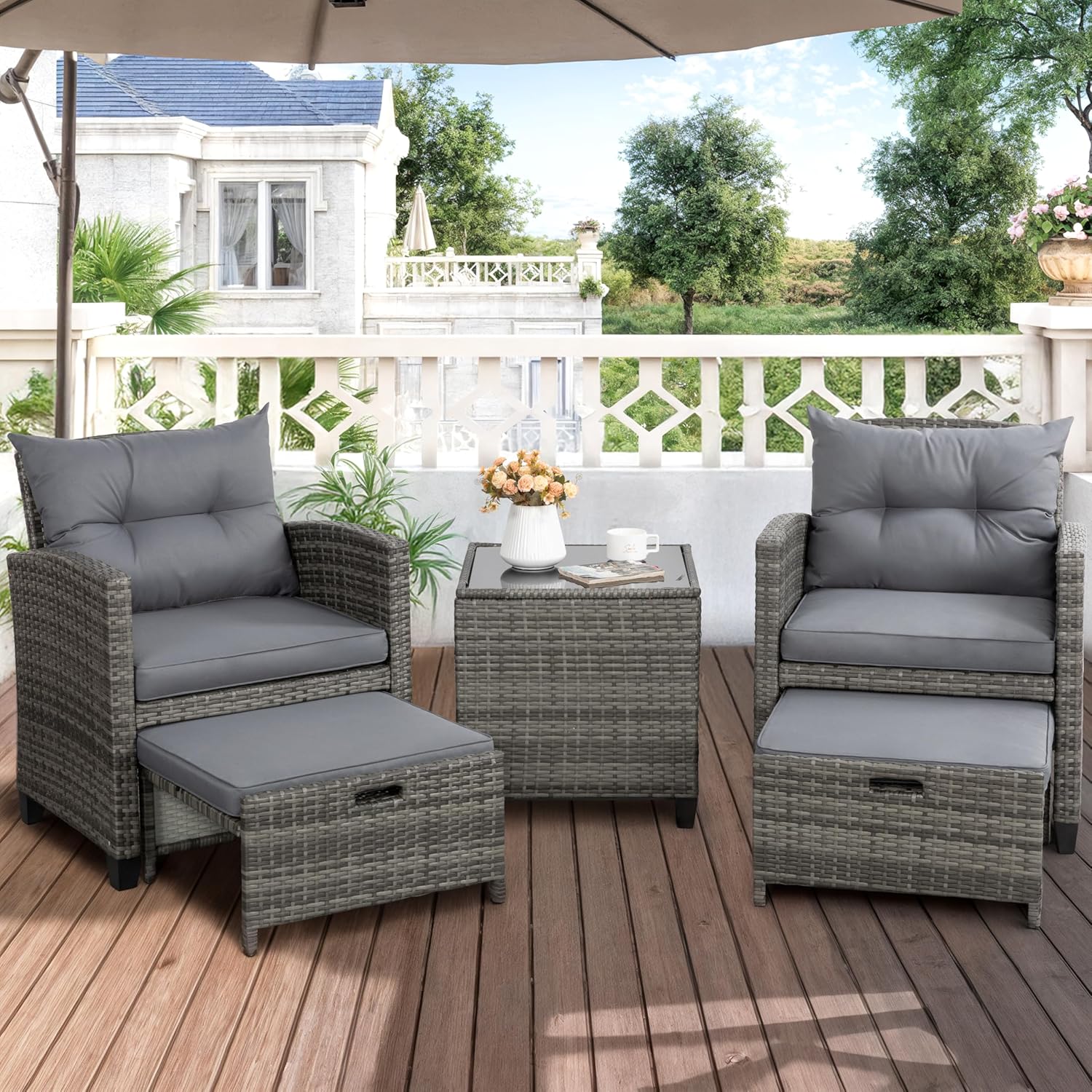 Shintenchi 5 Pieces Patio Furniture Set, Outdoor Wicker Patio Conversation Set with Ottoman, All Weather Rattan Outside Chairs with Coffee Table & Cushion for Porch, Garden, Backyard, Gray