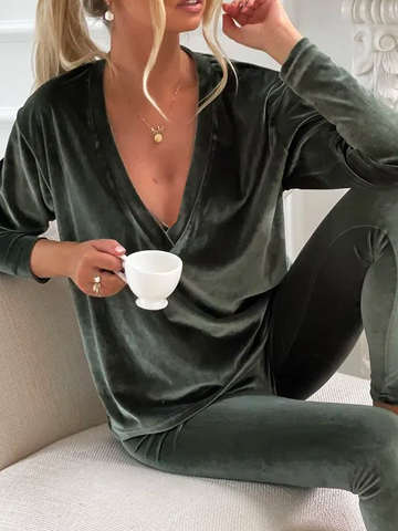 Plain Velvet Two-Piece Set Daily Basic V Neck Long Sleeve Top With Pants Party