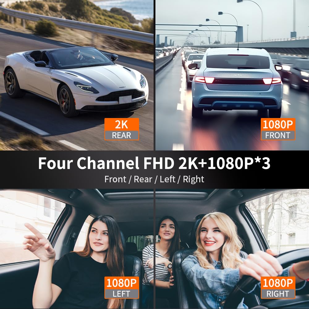 ZUNFLY 360° Dash Cam 4-Channel FHD 2K & Night Vision
