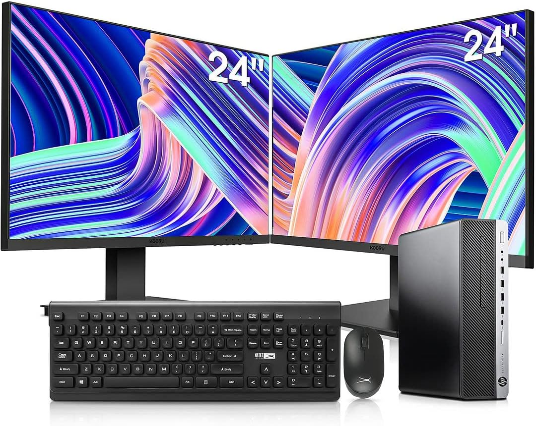 HP Elitedesk 800 G3 SFF Desktop PC Bundle - Intel i7-6700,16GB DDR4,256GB NVMe SSD + 2TB HDD,DVDRW,DP/HDMI,AX200 Wi-Fi 6,Dual 24'' KOORUI Monitors, Wireless Keyboard & Mouse (Renewed), Black/Silver