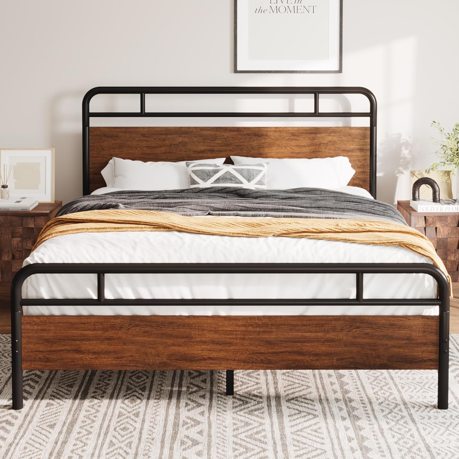 Allewie Full Size Platform Bed Frame with Wooden Headboard and Footboard, Heavy Duty 13 Metal Slats Support, Under-Bed Storage, No Box Spring Needed, Noise Free, Easy Assembly, Walnut