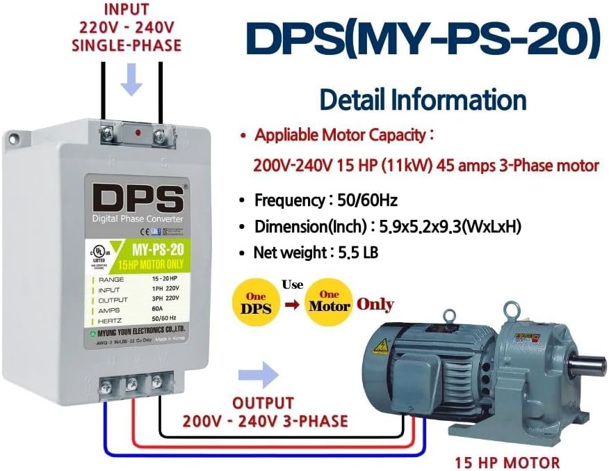 DPS Sinlge Phase to 3 Phase Converter, 20HP, 60A, Input/Output 200V - 240V MY-PS-20 Model Must Be Used for 15HP(11kW) 45A Motor, DPS Must Be Used for 1 Motor Only, UL-Listed