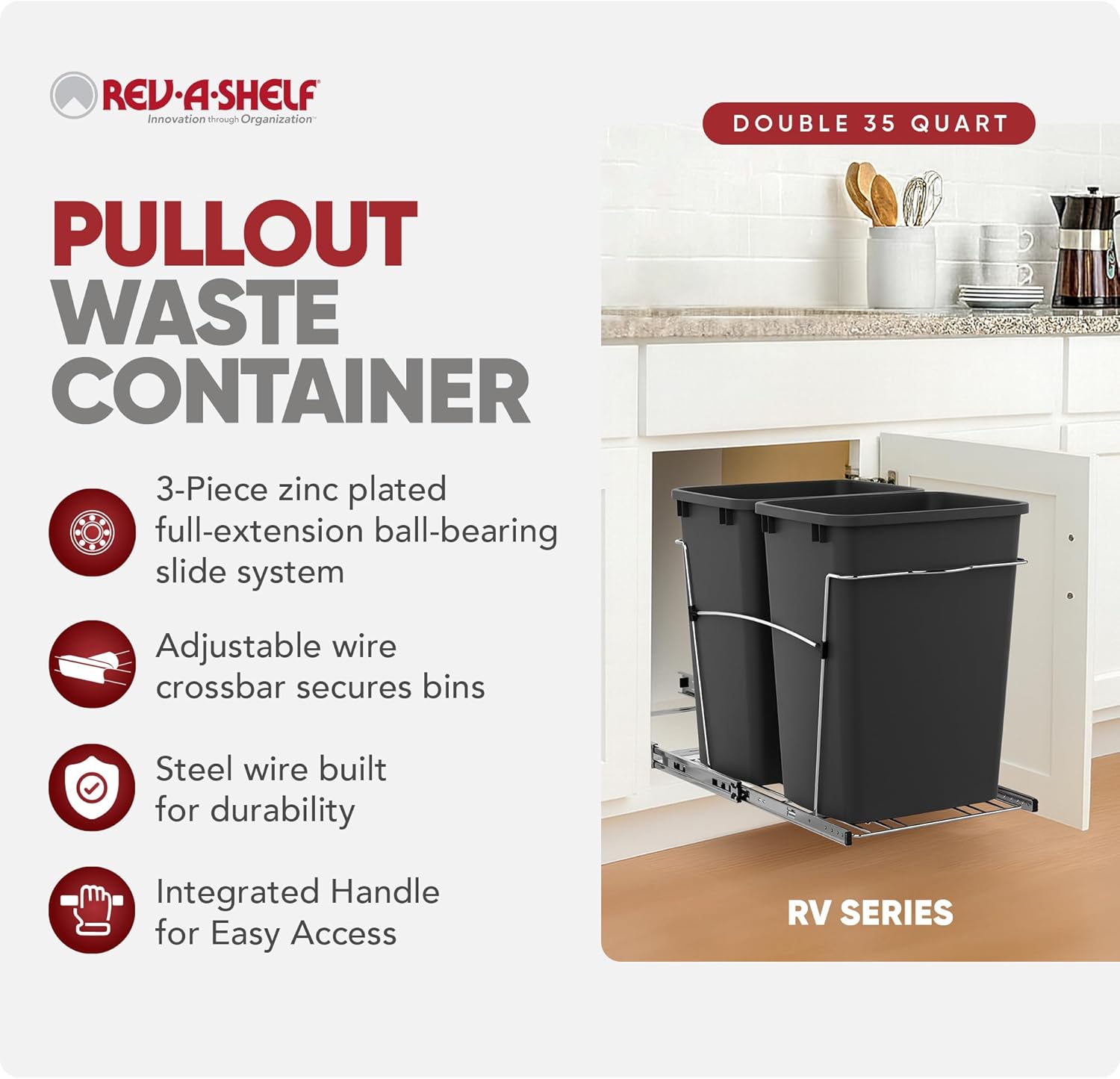 Rev-A-Shelf Double 35 Qt Pullout Trash Can for Base Kitchen Cabinets, Garbage Waste Bin System with Full-Extension Slides, Min Opening Width of 14.5
