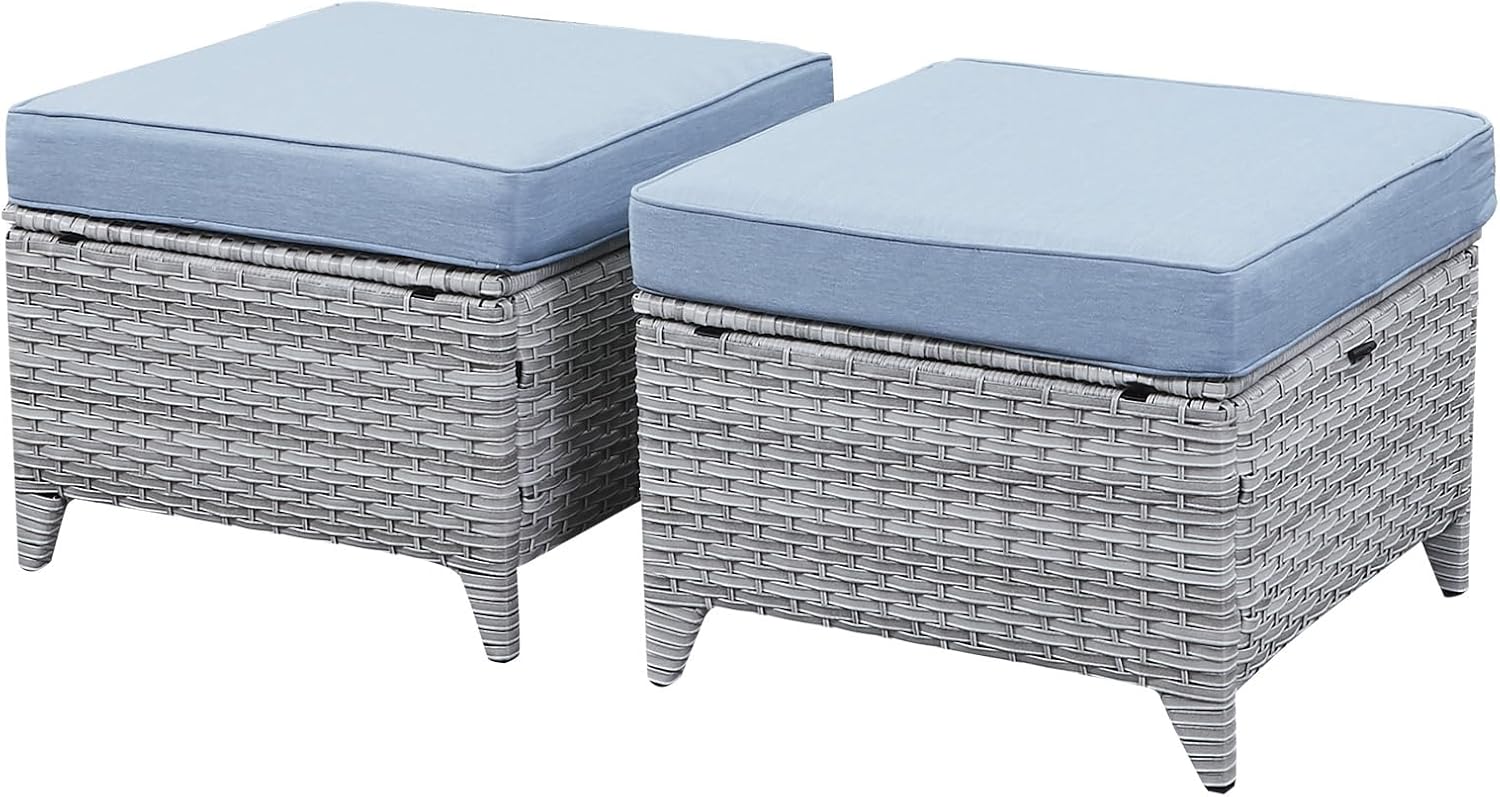 Belord Outdoor Furniture Ottoman Set of 2 Patio Seating Footstool All-Weather Rattan Wicker Ottoman Seat with Soft Cushions for Patio Furniture Set