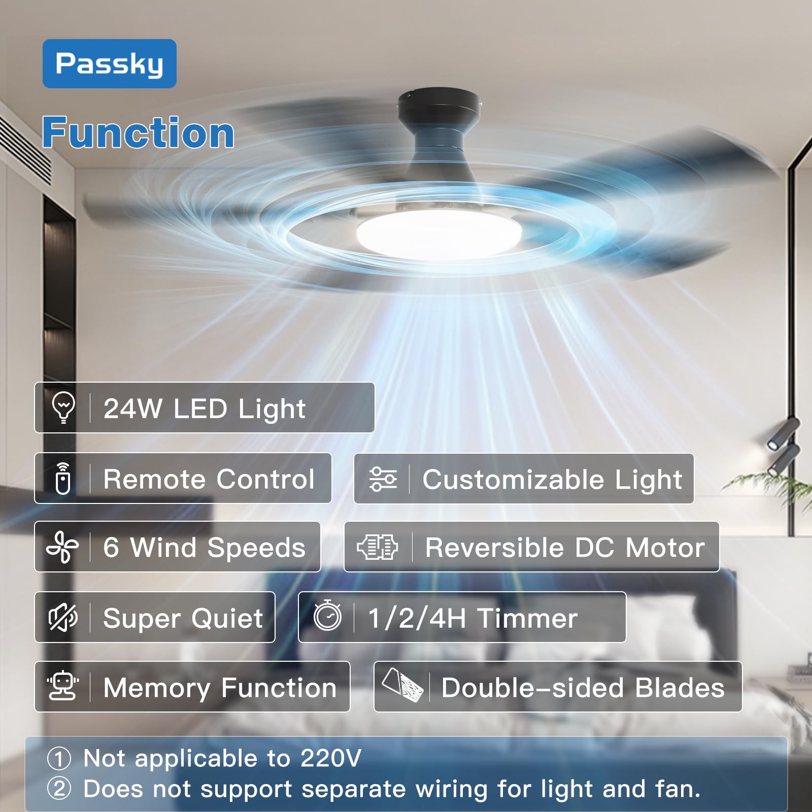 PASSKY 52-Inch Flush Mount Ceiling Fan with Lights & Remote