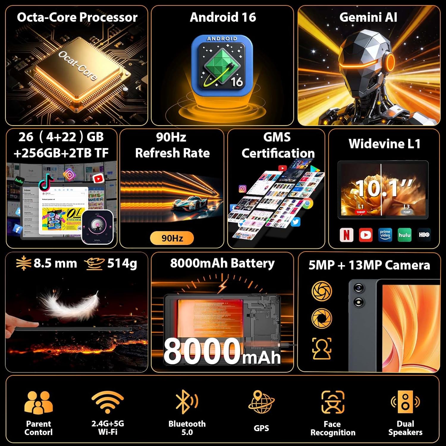 2026 Android Tablet with Keyboard, Upgraded Android 16 tablet with 26GB+256GB+2TB Expand, 10 inch Tablet PC with 8-Core, Gemini AI, WiFi, 8000mAh, GMS,GPS, 2-in-1 Tablet with Case,Mouse,Stylus(Black)