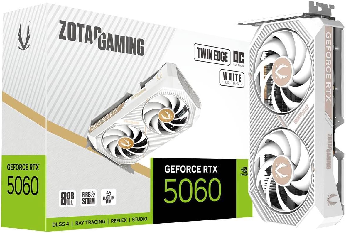 ZOTAC Gaming GeForce RTX 5060 Twin Edge OC White Edition DLSS 4 8GB GDDR7 128-bit 28 Gbps PCIE 5.0 Gaming Graphics Card, SFF-Ready Compact Card, ZT-B50600Q-10A